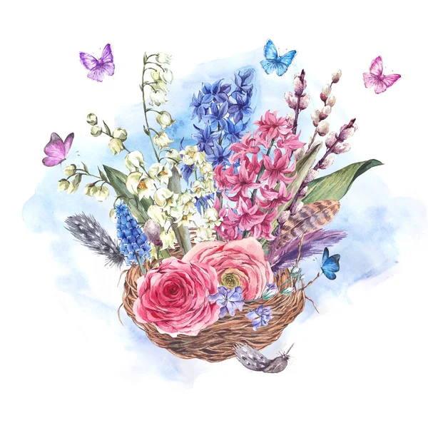 Akvarel vinobraní kytice v hnízdě — Stock fotografie