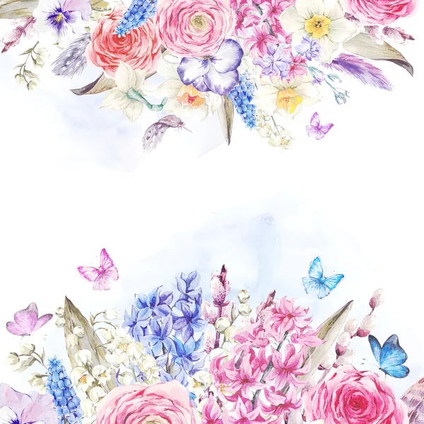 Watercolor  vintage flowers bouquet in the nest with butterflie — Stock Photo, Image