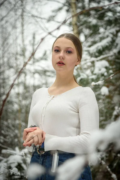 Retrato de una hermosa niña en un bosque nevado de invierno — Foto de Stock