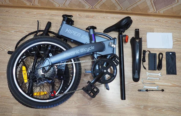Detalhes Close Uma Bicicleta Elétrica Uma Bicicleta Elétrica Para Dirigir — Fotografia de Stock