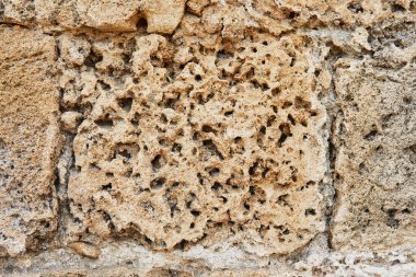 Sezaryen Bölgesi Primorskaya Ulusal Parkı 'ndaki Herod' un sarayının duvarlarını kaplayan taşın dokusu..