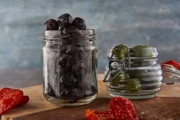 Fermented Vegetarian Canned Food Concept Pickled Black Olives Glass Jar — Stock Photo, Image