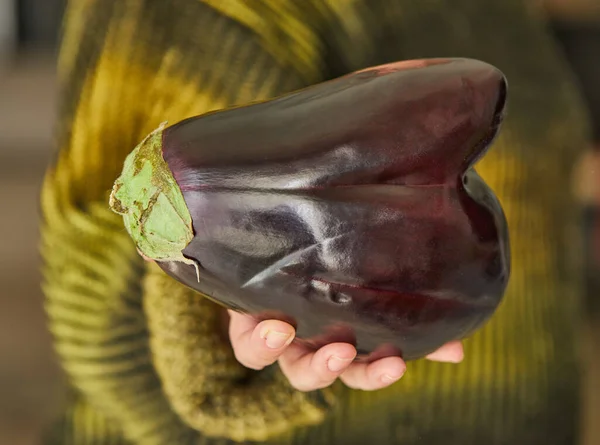 Ugly eggplant in the shape of a heart holds on his hand. Funny, abnormal vegetable or food waste concept — Stock Photo, Image