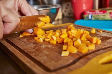 İnternetteki tariflere göre mutfakta yemek pişirmek. Kadın risotto yapmak için dolorit kesiyor. Adım adım tarif