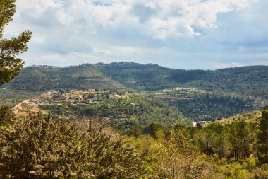 Kudüs 'ün batısındaki Sataf Park' tan dağlara ve ormana bakın..