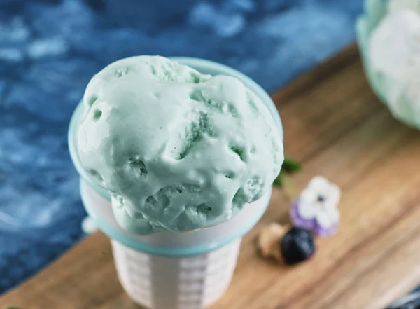 Pistachio Ice Cream Waffle Cone Vase Blue Background — Stock Photo, Image