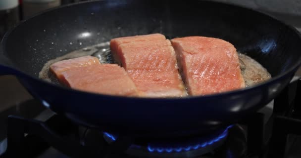 新鮮なサーモンは、ガソリンオーブンでフライパンで揚げ — ストック動画
