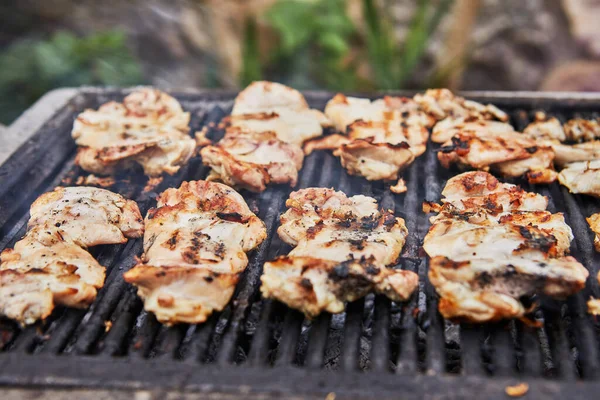 Izgara Kömürden Çıkan Dumanla Izgara Tavuk Bacağı Barbekü Partisi — Stok fotoğraf