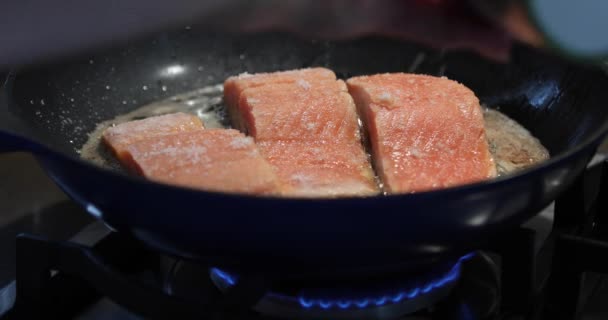 新鮮なサーモンは、ガソリンオーブンでフライパンで揚げ — ストック動画