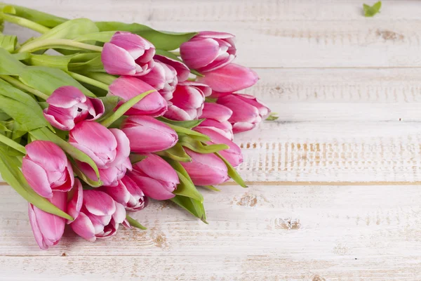 Um monte de tulipas cor-de-rosa numa tábua de madeira — Fotografia de Stock