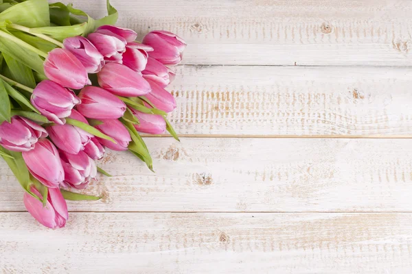 Um monte de tulipas cor-de-rosa numa tábua de madeira — Fotografia de Stock
