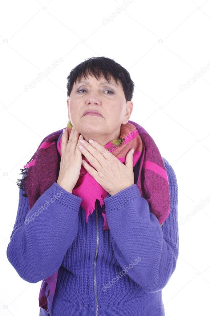 Elderly woman touches her throat