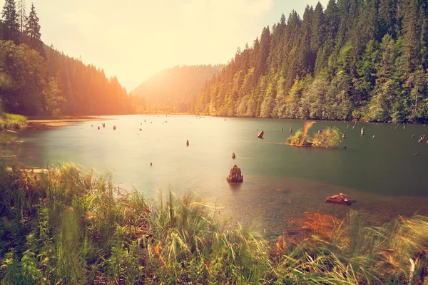 Lago de montaña con puesta de sol — Foto de Stock