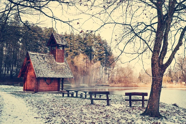 Trehus i vinterpark – stockfoto