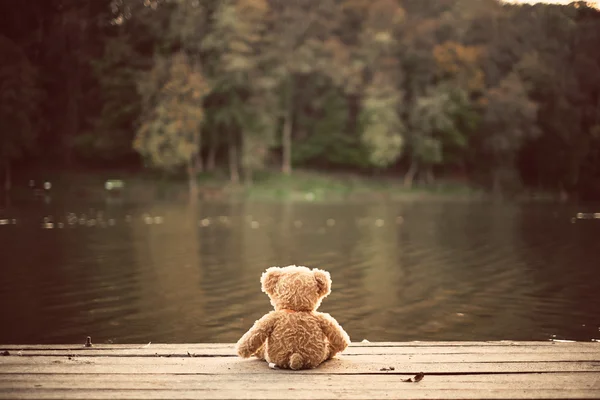 Teddy bear on pier — Stock Photo, Image