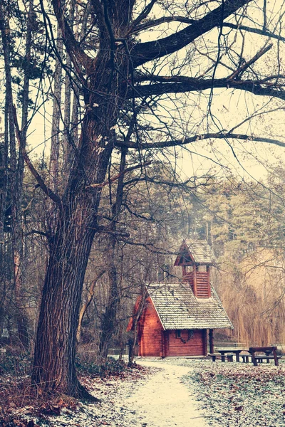 Woodhouse i vinter skog — Stockfoto