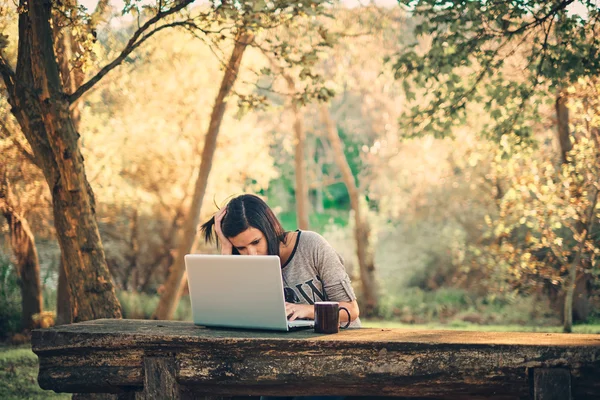 Dívka a notebook v parku — Stock fotografie