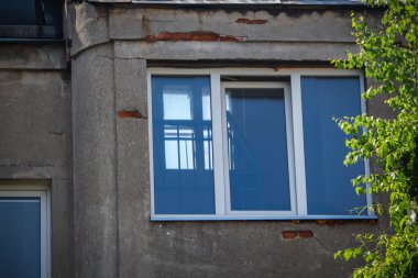 Beyaz, eski kasaba binasında geniş pencereyi kapatmış, camların arkasında başka bir pencere ve bir tarafta büyüyen yeşil sarmaşıklar var.