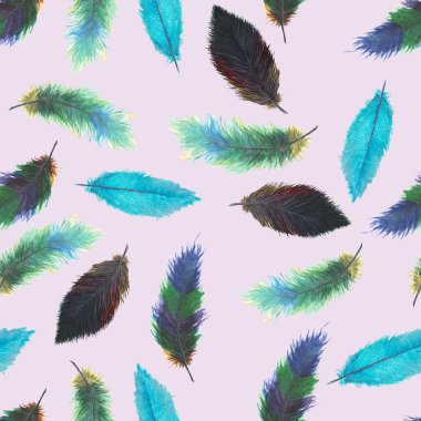 Pembe arka planda çeşitli suluboya tüyleri var.