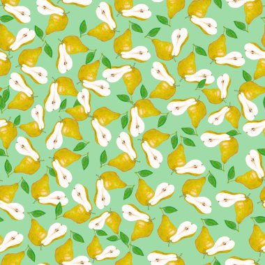 Açık yeşil zemin üzerinde sarı ve turuncu suluboya armutlar.