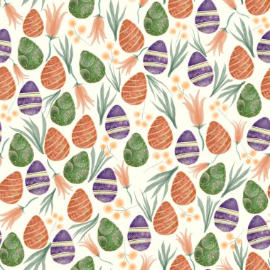 El çizimi suluboya paskalya yumurtaları ve açık sarı üzerinde çiçeksiz desenler