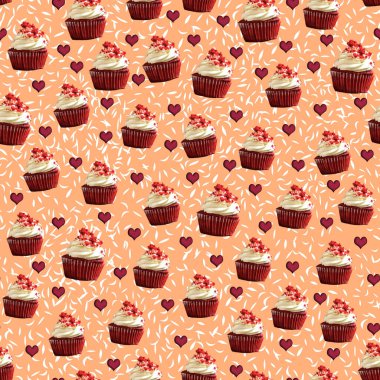 Kırmızı kadife tatlı kekler, şeftali arkaplanda kırmızı kalpler ve beyaz taç yaprakları olan kusursuz desenler.