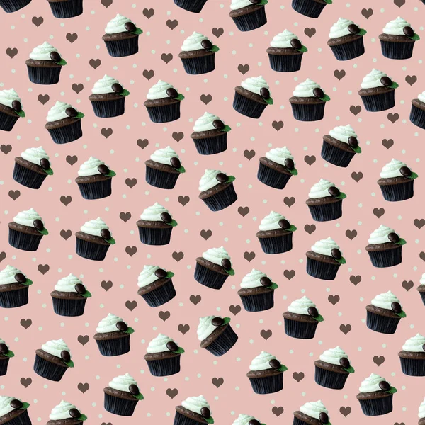 Μέντα Σοκολάτα Cupcake Αδιάλειπτη Μοτίβο Καρδιές Ροζ Φόντο Ροδάκινο — Φωτογραφία Αρχείου