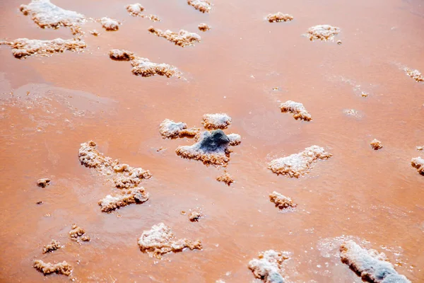 Lake Koyashskoye. Salt islands are visible in the orange water. Background. 