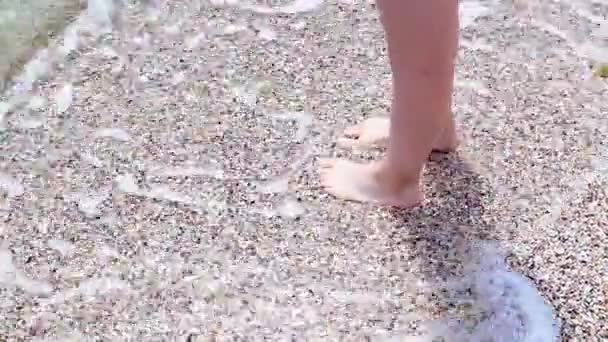Das Video zeigt die Beine, die auf dem Sand am Rande des Meeres stehen — Stockvideo