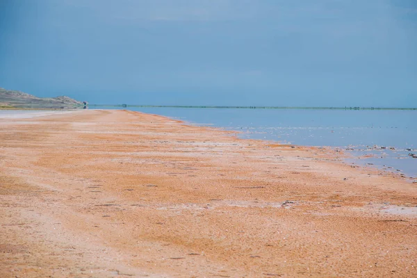 Le bord du lac Koyashskoye est rose orangé, parsemé de sel — Photo