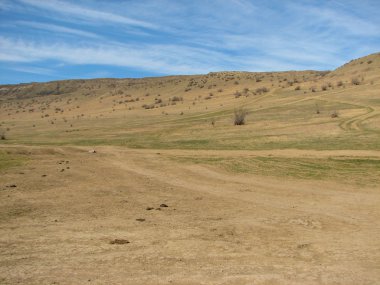 Açık mavi gökyüzü altında sarı çim kaplı tepe