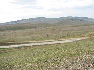 Açık mavi gökyüzü altında sarı çim kaplı tepe
