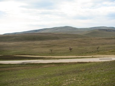 Açık mavi gökyüzü altında sarı çim kaplı tepe