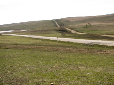 Açık mavi gökyüzü altında sarı çim kaplı tepe