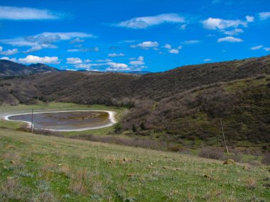 Açık mavi gökyüzü altında sarı çim kaplı tepe