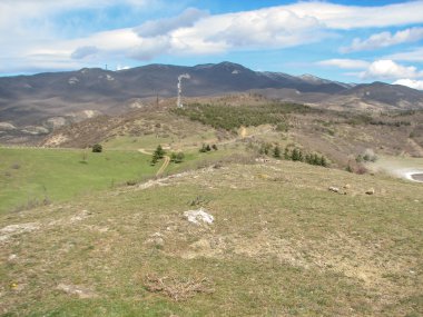 Açık mavi gökyüzü altında sarı çim kaplı tepe
