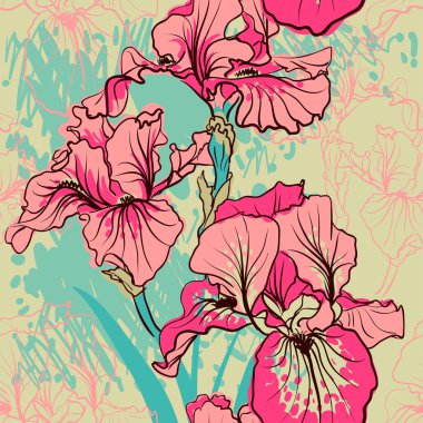 Dekoratif Iris çiçek retro renkleri ile Seamless Modeli.