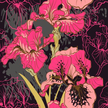 Dekoratif Iris çiçek retro renkleri ile Seamless Modeli.