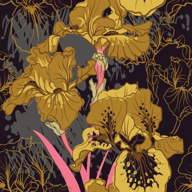 Dekoratif Iris çiçek retro renkleri ile Seamless Modeli.