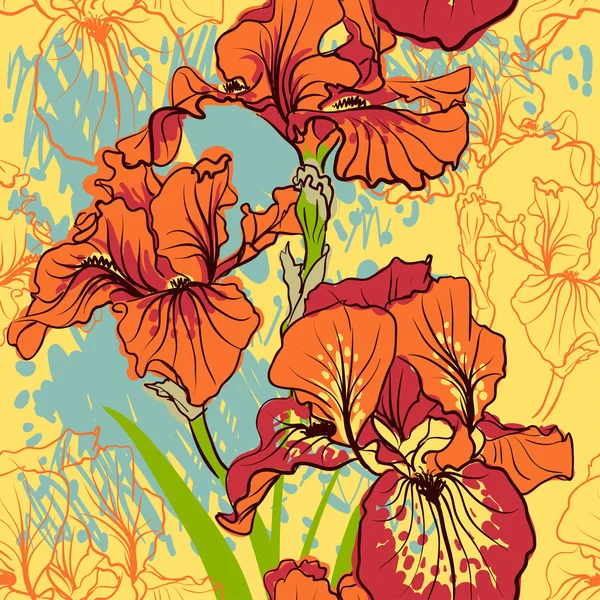 Naadloze patroon met decoratieve iris bloem in retro kleuren. — Stockvector