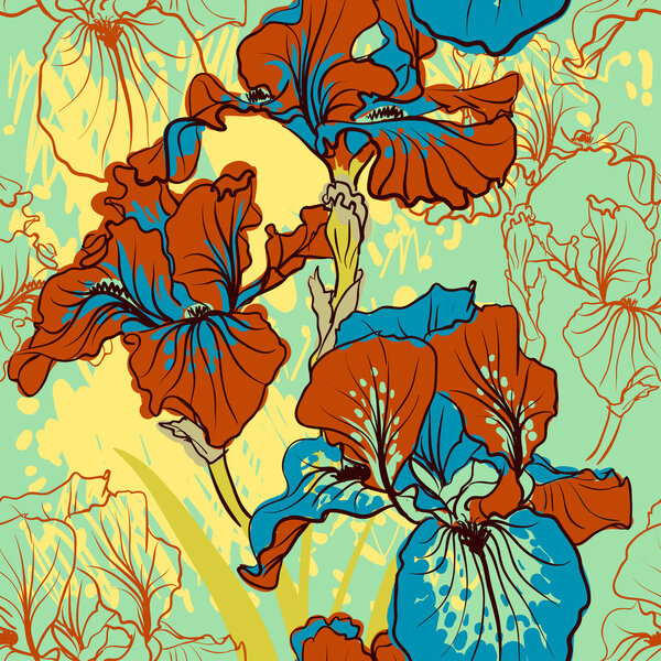 Seamless pattern with decorative  iris flower in retro colors.