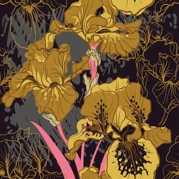 Dekoratif Iris çiçek retro renkleri ile Seamless Modeli.