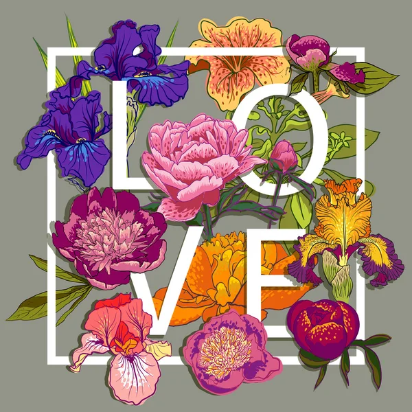 Αγάπη Γραφιστικής με πολύχρωμα λουλούδια — Διανυσματικό Αρχείο