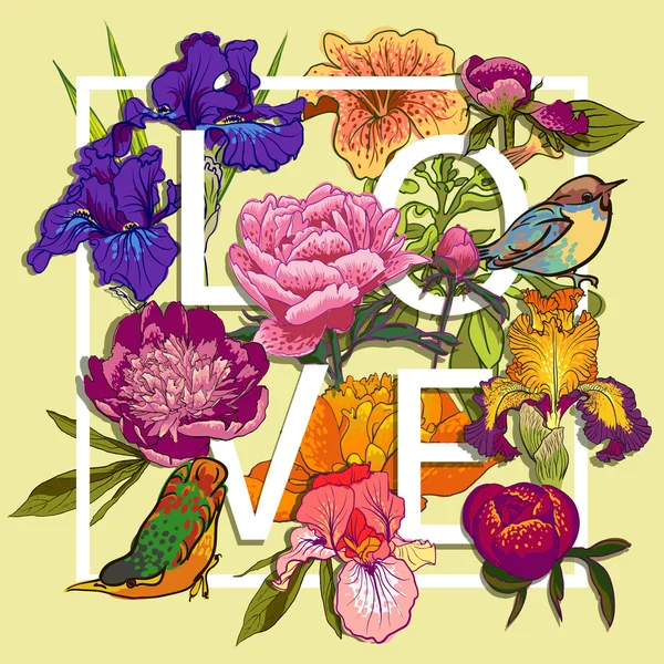 Fleurs et oiseaux colorés — Image vectorielle