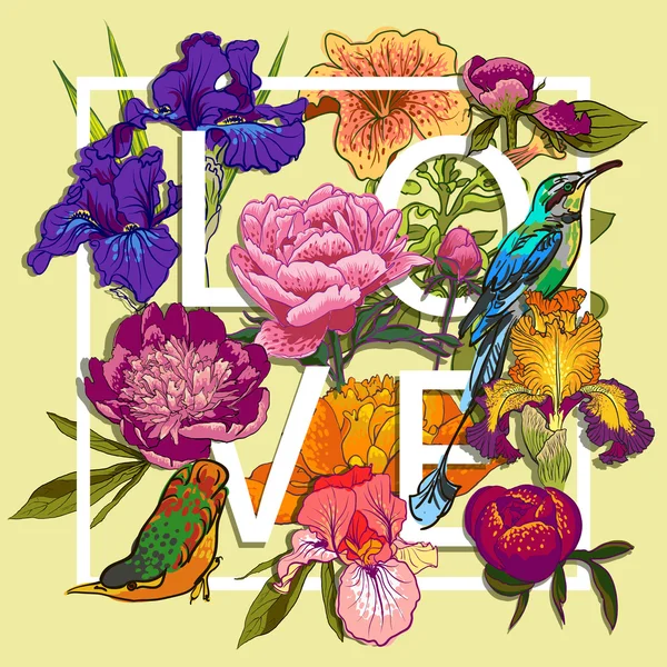 Fleurs et oiseaux colorés — Image vectorielle