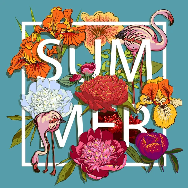 花と鳥のフラミンゴ愛グラフィック デザイン — ストックベクタ