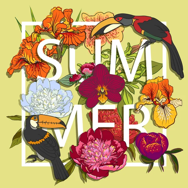 Tucanes de flores y pájaros Love Graphic Design — Vector de stock