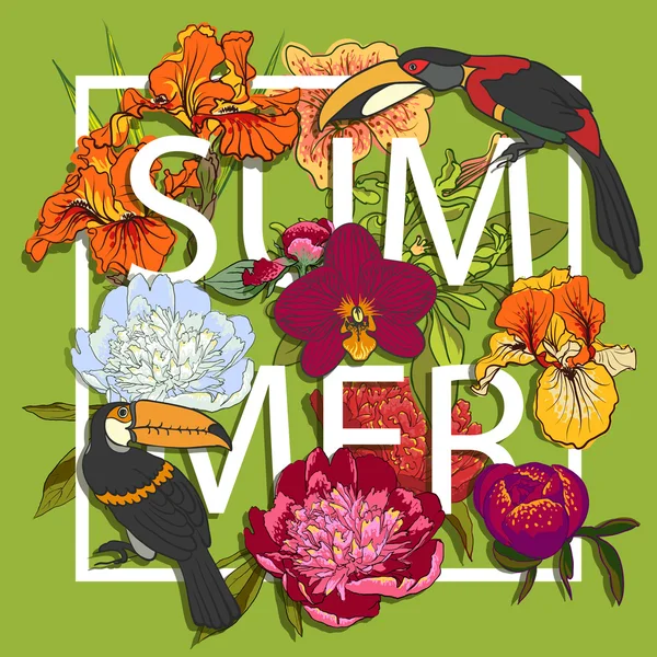 Tukane mit Blumen und Vögeln lieben grafische Gestaltung — Stockvektor