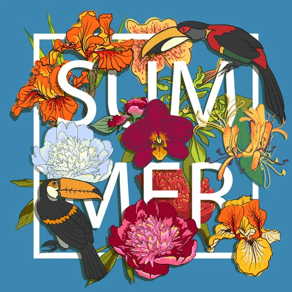 Tukane mit Blumen und Vögeln lieben grafische Gestaltung — Stockvektor