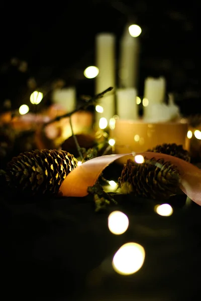 Pink Christmas Decorations Candlelight Pink Ribbons Twigs Dry Grass Including — Stock Photo, Image